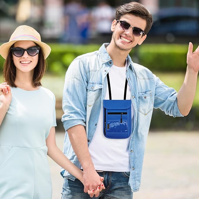 Travel Neck Wallet & RFID Blocking Sleeves for Men and Women, Neck Money Pouch Anti Theft Travel Document Organizer with Adjustable Strap - Blue