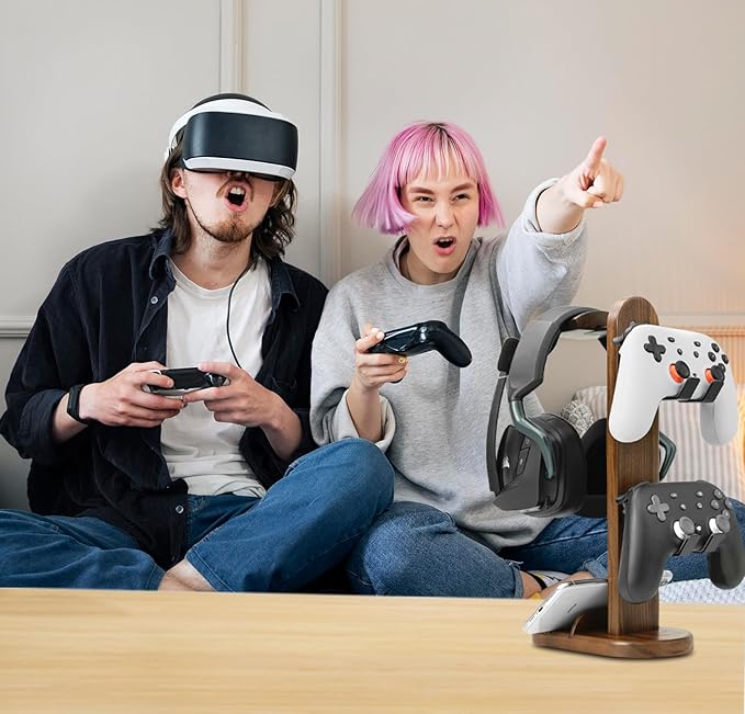Controller Holder with Headphone Stand - Wood Gaming Controller Stand for Xbox PS5 PS4 Switch Pro, PC Gaming Accessories - Present Idea for Husband, Boyfriend, Gamers, Game Lover, Game Room Decor