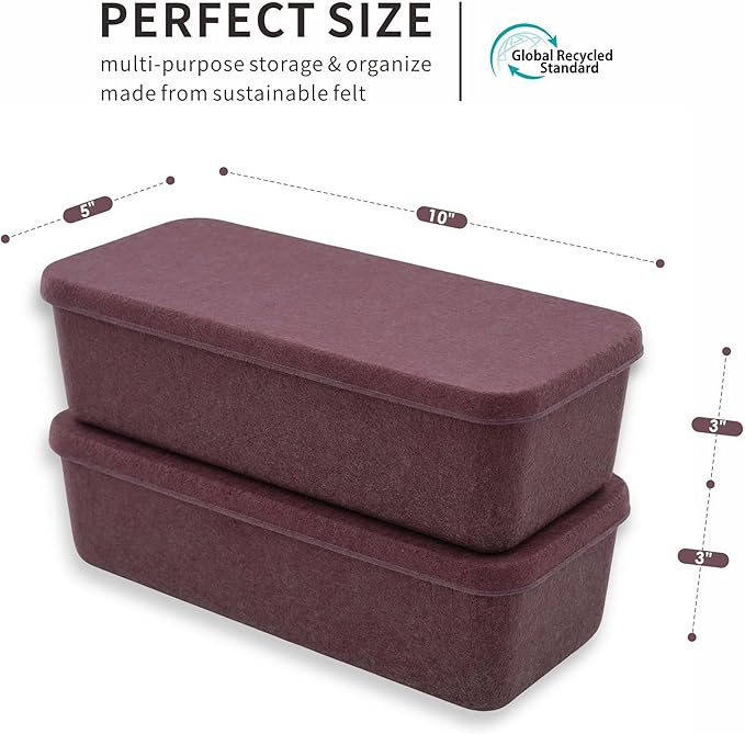 Welaxy stackable Lidded drawer organizer bins long shape storage box with lid for junk makeup stationery pens 2-piece pack (Wild Berry)