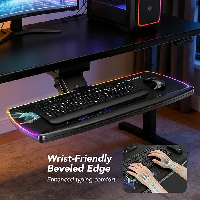 Keyboard Tray Under Desk with Storage Drawer, Height Adjustable Keyboard Tray Slide Out 360° Swivel Tilt, Ergonomic Under Desk Mount Keyboard & Mouse pad Lighting, Black