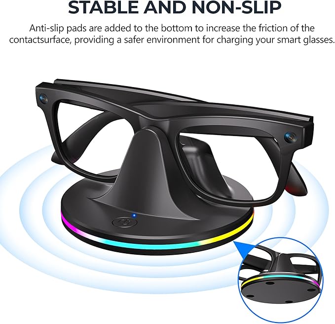 Charging Dock for Meta Ray-Ban Glasses, Charging Stand Compatible with Wayfarer, Skyler, Headliner & Oakley Meta HSTN, with USB-C Cable and 7-Color RGB, Black