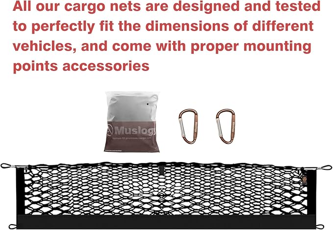 Muslogy Truck Bed Cargo Net Trunk Netting Compatible with 2015-2020 Chevy Tahoe | GMC Yukon | Cadillac Escalade Accessories, Pickup Cargo Organizer SUV Sedan Storage Net w/Heavy Duty Carabiners