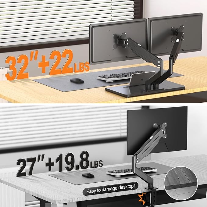 Pholiten Adjustable Dual Monitor Arms with Gas Spring for 17-32 inch Screens,Pneumatic Dual VESA Monitor Mount with Base,Freestanding Full Motion Dual Monitor Desk Stand Holds up to 22 lbs Each. 
