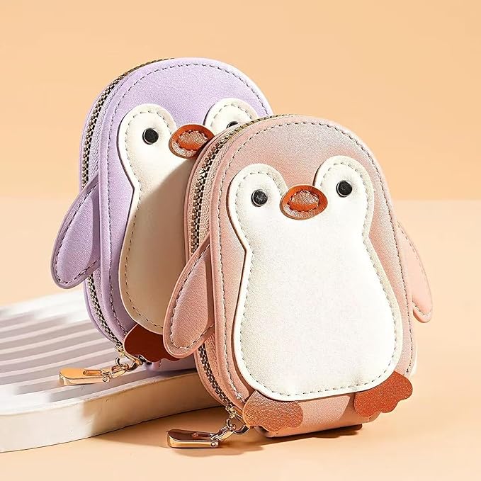 Cute Cartoon Penguin-shaped Coin Purse PU Leather Accordion Card Holder Large Capacity Zippered Money and Card Organizer Portable Mini Coin Purse (blue)