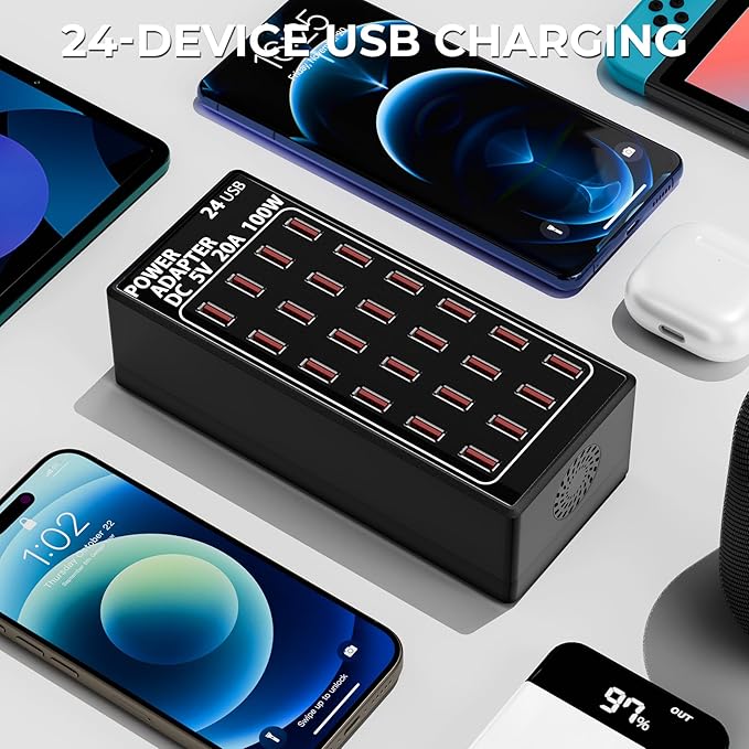 USB Charging Station, 100W/20A 24 Port Desktop Multiple Device Charger Station, Multi Ports Fast Phone Charging Station Organizer, Suitable for School Mall Shop Hotel