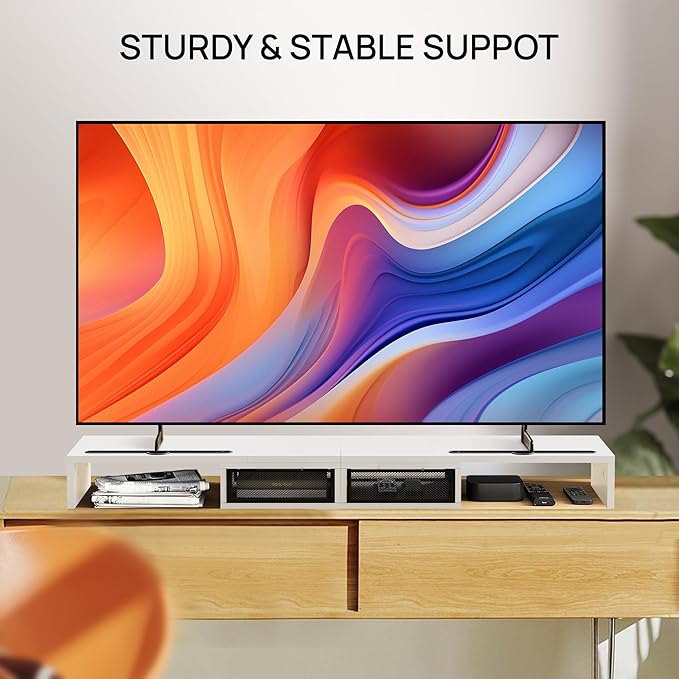 ZIFTY Dual Monitor Stand Riser for 3 Monitors, Desk Organizer with 2 Drawer and Smartphone Holder, Adjustable Length & Angle Workspace Organizers for Monitors Laptop Printer Computer, White