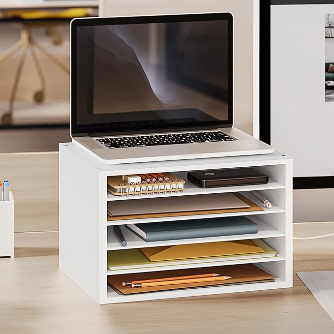 Ballucci 5 Tier Paper Organizer Letter Tray, Wood Desk File Organizer with Adjustable Shelves, Home Office School Letter/A4 Mail Sorter Magazine Holder - White