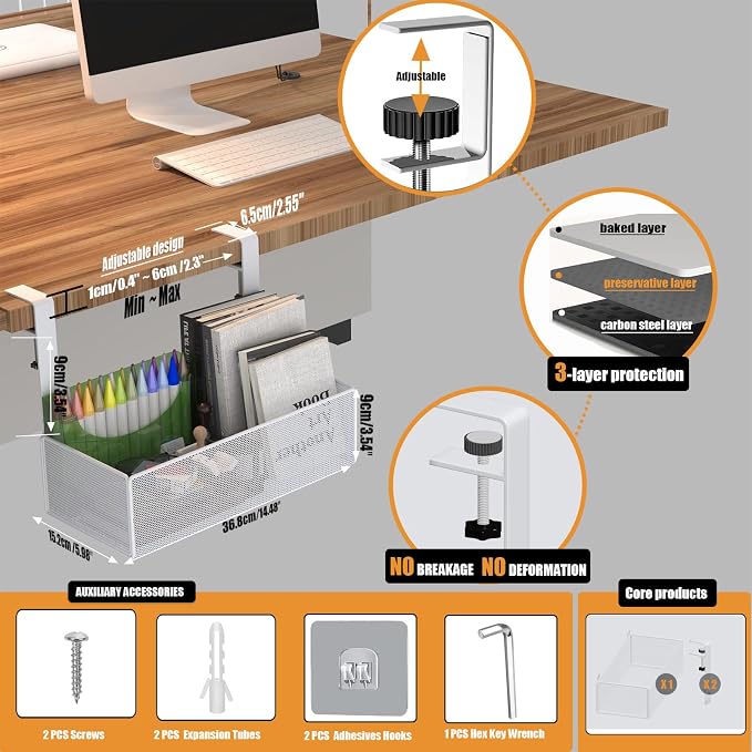 orbixa Under Desk Storage Organizer Clamp-On,Mesh Metal 3-IN-1 Desk side storage - Use on desk,under table or as a hanging wall organizer for office supplies & home& school essentials (white color)