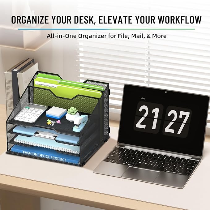 SUPEASY Desk File Organizer, Mesh Paper Tray Organizer with 4 Letter Trays and 2 Vertical File Holders, Desk Organizers and Accessories for Home Office, Black