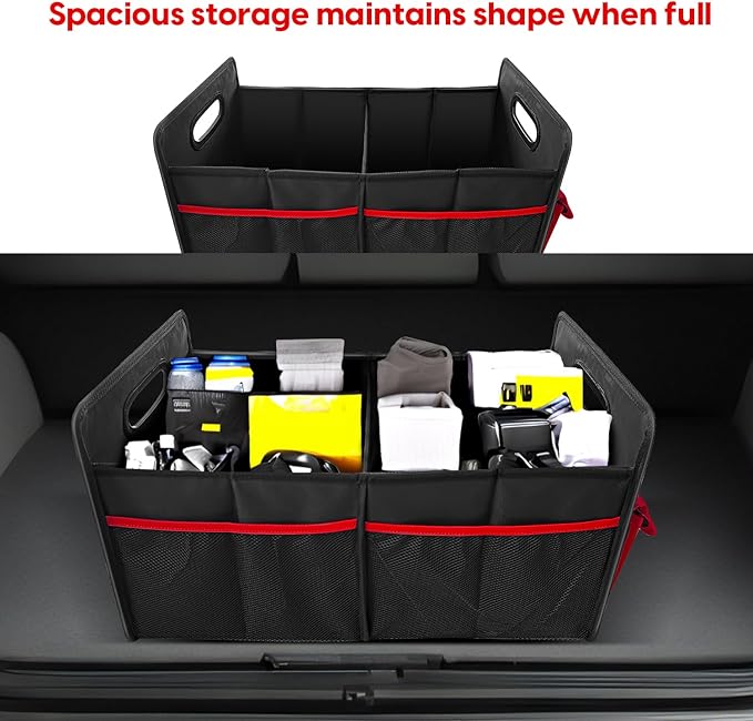 Car Trunk Organizer Cargo Organizer Large red pockets,Trunk Storage Waterproof Collapsible Durable Multi Compartments With Mesh Bag For Sedan Suv Home Camping(BLACK)