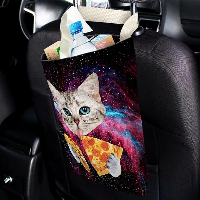 Car Trash Bag Hanging No Snap Small Garbage Bag for Car Back Seat Cute Printed One-handed Strap Trash Bags Car Accessories-Galaxy Pizza Cat Car Trash Bags