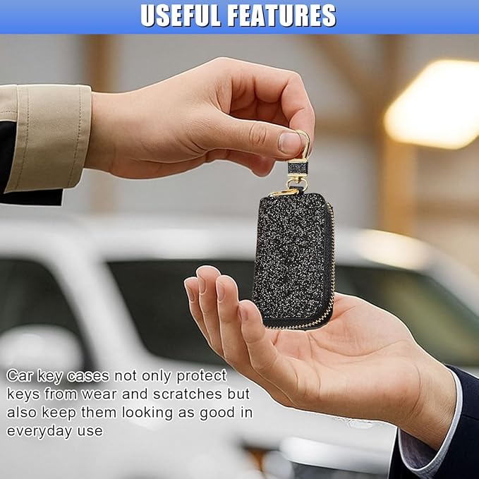 Bling Car Key Case, Leather Keyring Zipper Bag with Metal Hook, Remote Key Fob Cover, Auto Keychain Holder (Black Gold)