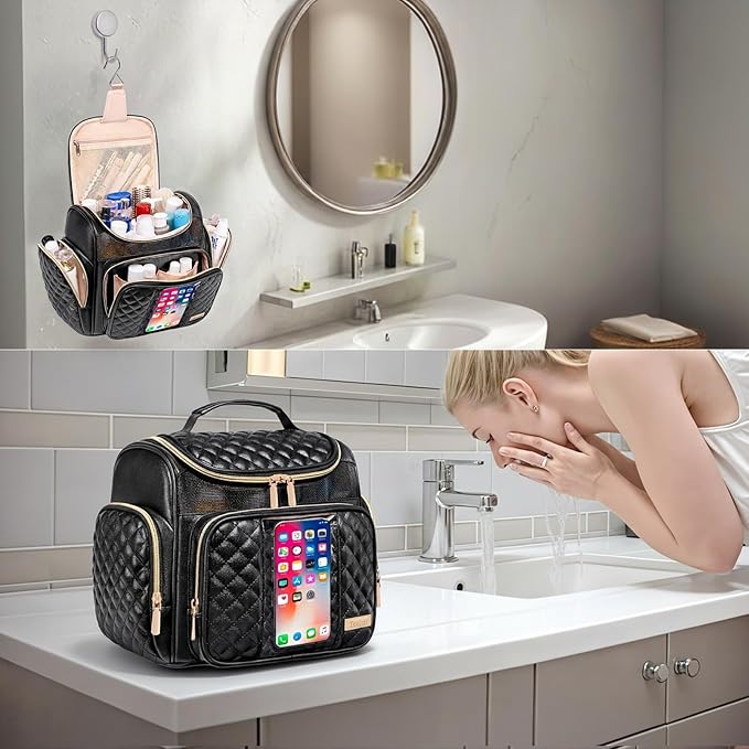 Large Leather Toiletry Bag for Women Men,Bathroom Bag,Water Resistant Shower Bag,Makeup Bag,Portable Shower Caddy for College Dorm,Hanging Travel Toiletry Bag with Transparent Waterproof Phone Pocket