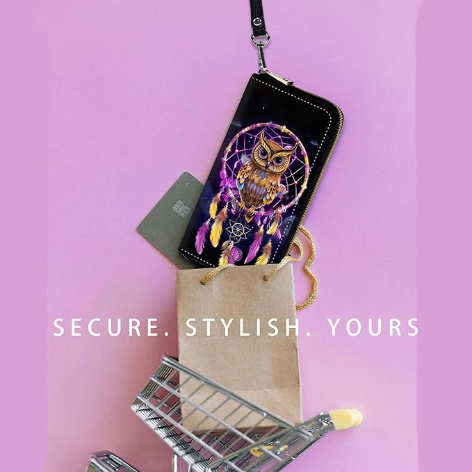 Zip Around Wallets for Women with Detachable Wrist Strap, Large Capacity RFID Blocking Leather Purse Organizer Card Holder Wristlet,Owl Dream Catcher