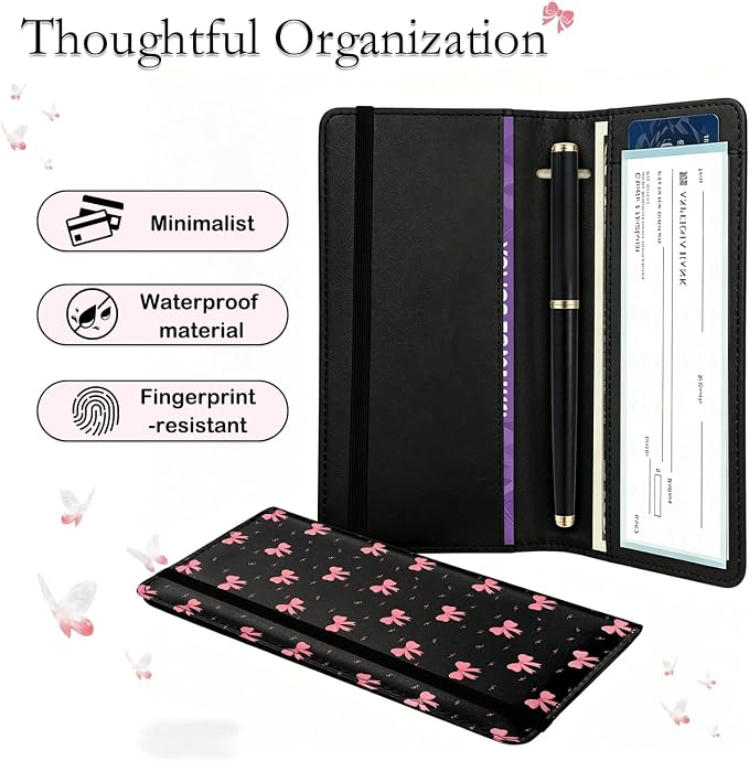 Letter Checkbook Cover, RFID Blocking Checkbook, Stylish, Lightweight, Slim Durable, Multi-Functional Checkbook Holder for Personal and Business Checks (Bow-Black)