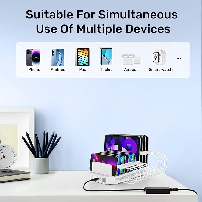 Alxum USB Fast Charging Station with Quick Charge 3.0, 60W 10 Port Charging Stand for Multiple Devices, Compatible with iPad, iPhone, Samsung Galaxy, White