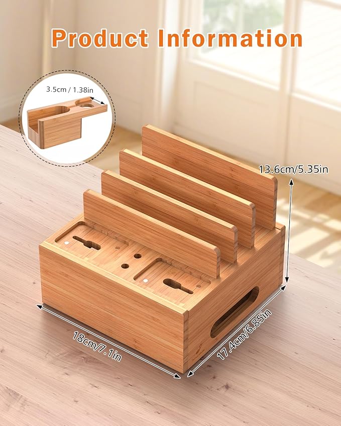 Pezin & Hulin Bamboo Charging Station Organizer for Multiple Devices, Desktop Docking Station Compatible with Phone, Tablet, Earbuds, Smartwatch, (Included 5 Cables, NO Charger HUB)