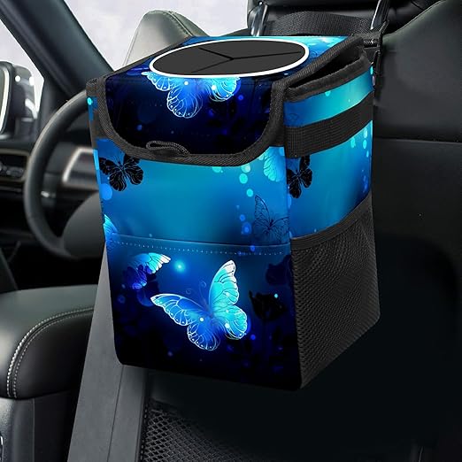 Blue Butterfly Glowing Car Trash Can with Lid Collapsible Reusable Waterproof Car Garage Bag,Automotive Garbage Can,Car Accessories Interior Car Organizer