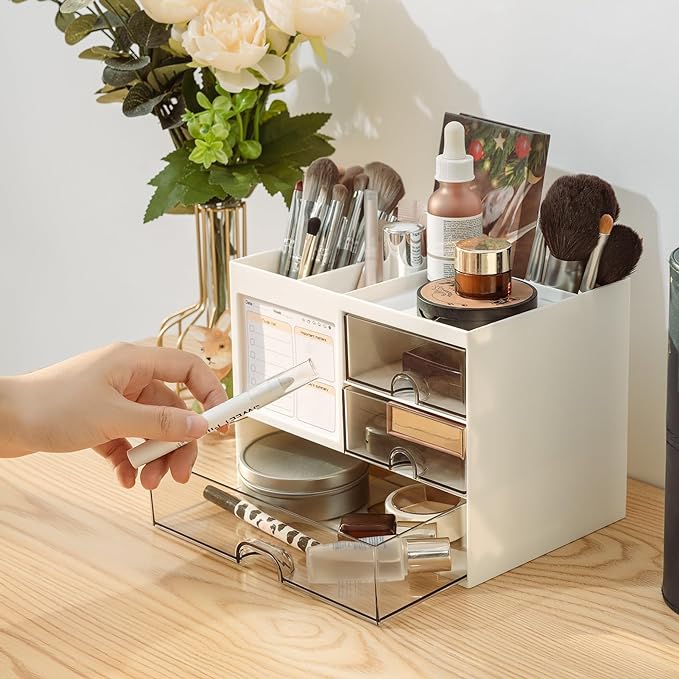 Desk Organizer with 3 Drawer, Multi-Functional Pencil Pen Holder for Desk, Desk Organizers and Storage with 8 Compartments, Desktop Organizer for Office Home Art Supplies (White)