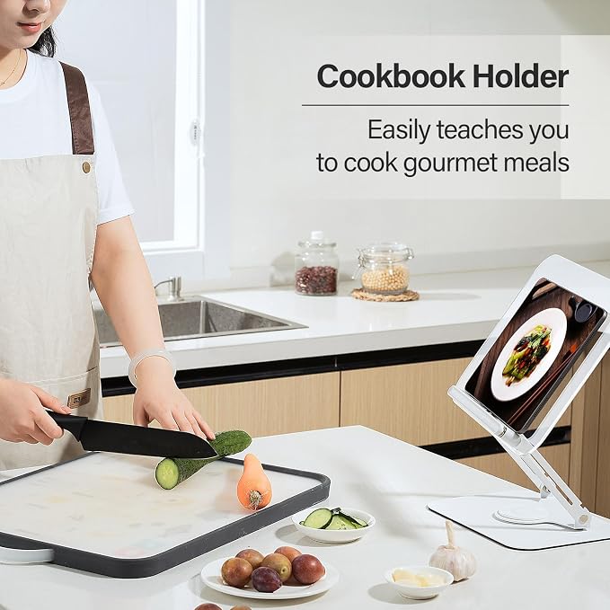 BYMECOST Acrylic Book Stand for Reading, Adjustable Book Holder with 360° Rotating Base & Elastic Page Clips, Foldable Desktop Riser Stand for Cookbook,Laptop,Tablet,Music Scores,Recipe,Textbook,Black