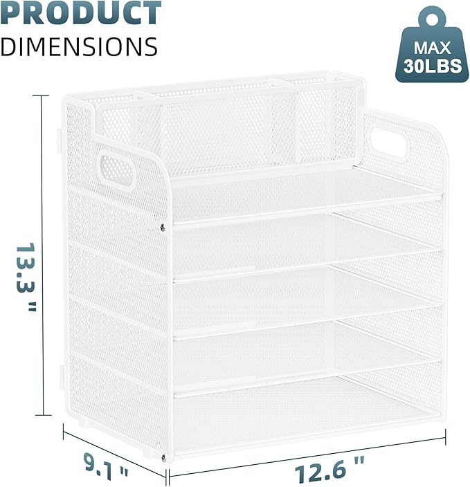 Marbrasse 5 Tier Paper Organizer with 3 Pen Holders, Mesh Desk File Organizer with Handle, Paper Sorter Desk Organizer for Home Office Supplies(White)