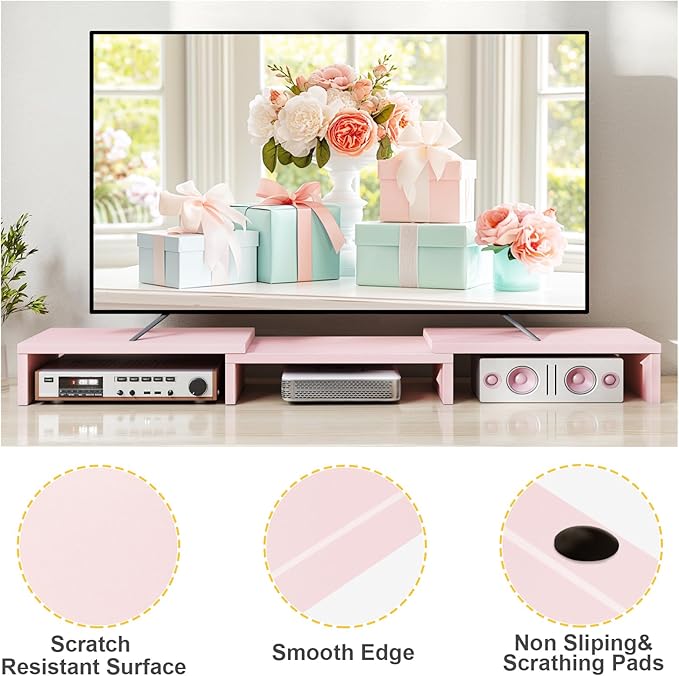 TAVR Dual Monitor Stand Riser, Computer Monitor Stands for 2 Monitors, Extra Long Multifunctional Desktop Organizer Riser for Computer, Laptop, PC, Printer, TV, Max 43.3" Length, Pink