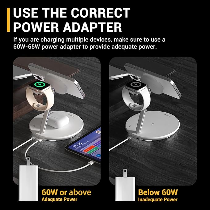 MAGEASY 4 in 1 Charging Station - Total 55W Output, Bedside Charging Station, Fast Charging Stand for iPhone, Apple Watch, AirPods, iPad, with Ambient Light | Power Station with 67W Charger (Black)