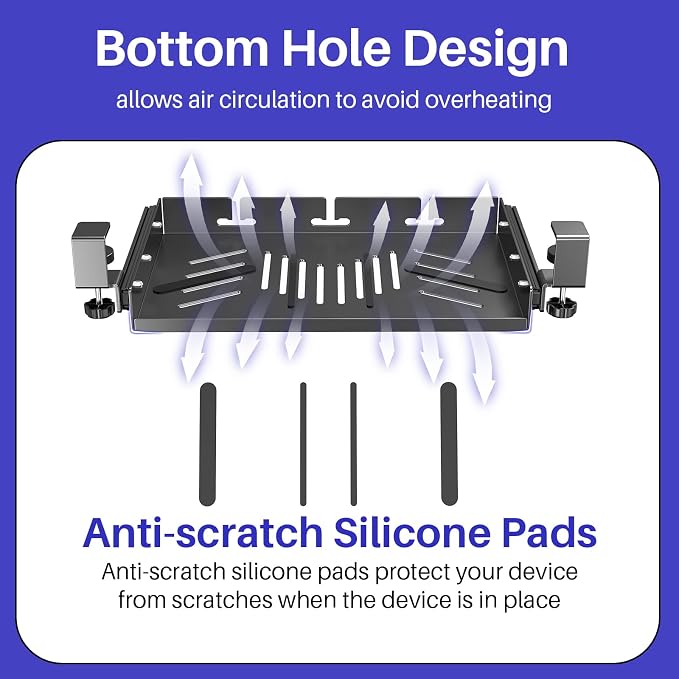 Sliding No Drill Under Desk Laptop Mount, Metal Under Desk Storage Shelf with Cable Management, Slide Out Laptop Storage Tray for MacBook, Mac Mini, Fits Office Workstations(Black with slid rail)