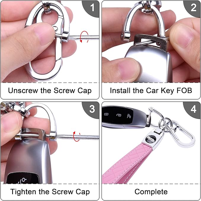 Wisdompro Microfiber Leather Car Keychain, Universal Key Fob Keychain Leather Key Chain Holder with 3 Keyrings and 1 Screwdriver for Men and Women - Pink