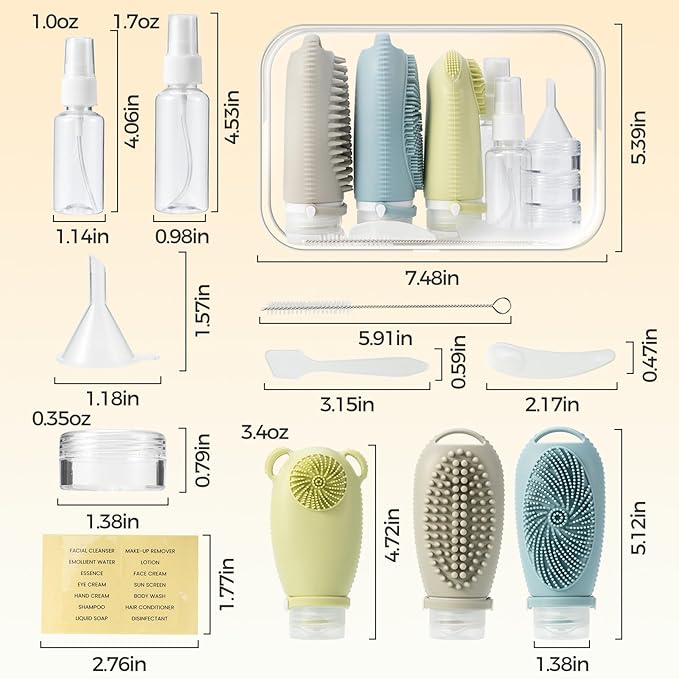 Silicone Travel Bottles for Toiletries, 3.4 oz Travel Bottles TSA Approved, Multifunctional Cleaning Travel Toiletry Bottles Set, Refillable and Leakproof Travel Squeeze Bottles