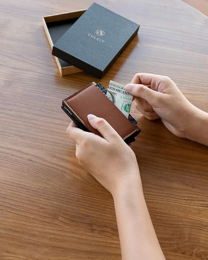 VULKIT Credit Card Holder RFID Blocking Leather Automatic Pop Up Wallet Aluminum Pocket Business Card Case