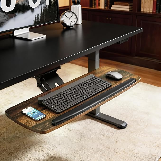 Keyboard Tray Under Desk with Storage Drawer, Height Adjustable Keyboard Tray Slide Out 360° Swivel Tilt, Ergonomic Under Desk Mount Keyboard & Mouse Holder for Gaming Home Office, 28''x11'' Vintage