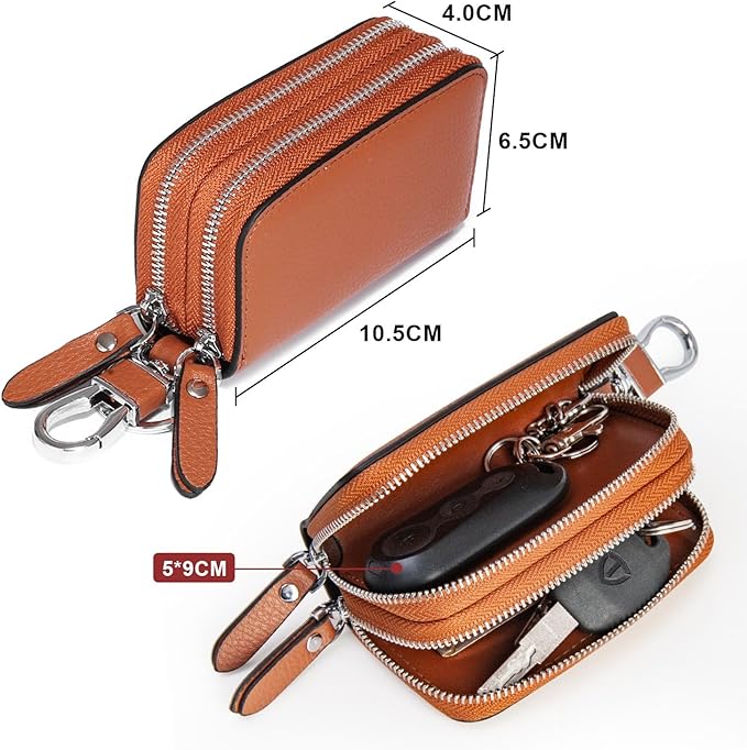 2 Pack Double Zipper Car Key Case, Retro Leather Car Key Fob Holder, Women Key Organizer with Metal Hook Keyring, Mens Vintage Key Coin Bag Black Brown