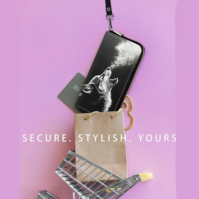 Zip Around Wallets for Women with Detachable Wrist Strap, Large Capacity RFID Blocking Leather Purse Organizer Card Holder Wristlet,Howling Wolf