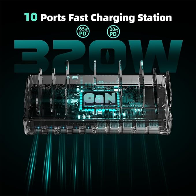 320W Charging Station for Multiple Devices, Zobirez 10-Port USB C Fast Charger Stations for MacBook, iPhone, Android Cell Phone, iPad, Tablet Family Multi-Device Organizer Charging Dock, Purple