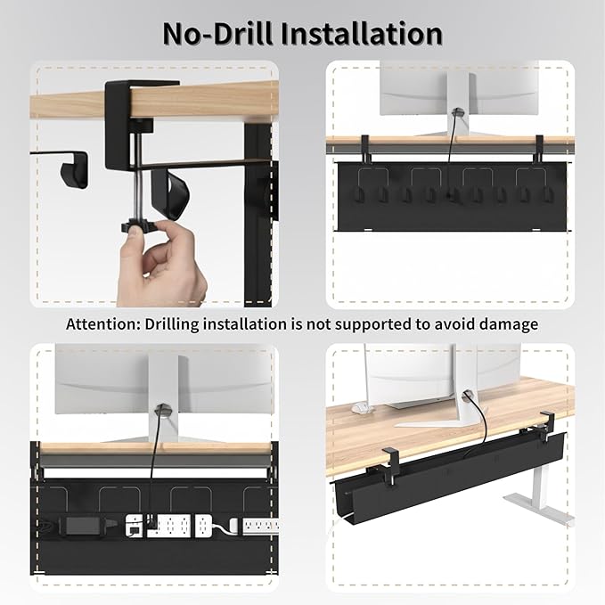 No Drill Under Desk Cable Management Tray, 47.5” Fabric Clamp Mount Cord Organizer for Table, Heavy Duty Wire Management for Office Home, Black