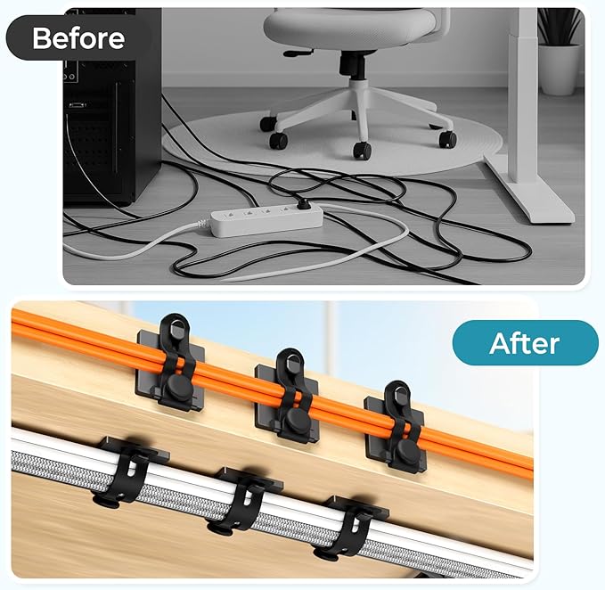 Kanemc Cable Clips Management Kit, 15 Cable Holder With Silicone Cord Ties, 15 Nylon Zip Tie, Extra 15 Screws & 8 Adjustable Cable Straps For Workspace Organizers PV Computer TV Under Desk Wire Setup
