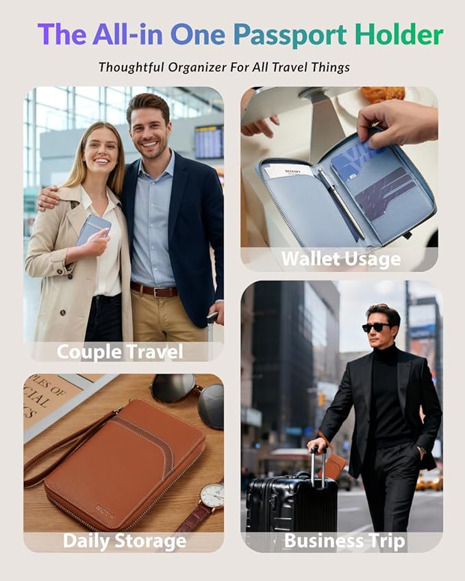 Nova RFID Blocking Passport Holder w/Hidden AirTag Trackable Card, Women Passport Wallet For Travel, Large Organzier For 2 Passports,Cash w/zipper & Wrist Lanyard