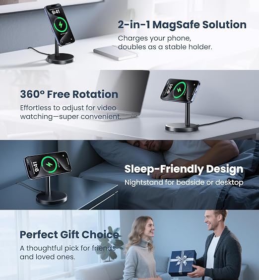 Magnetic Wireless Charger iPhone, 15W Fast Mag-Safe Charger Stand for iPhone 17/17 Air/17 Pro/17 Pro Max 16/15/14/13/12 Series, Wireless Charging Station for Pad/AirPods