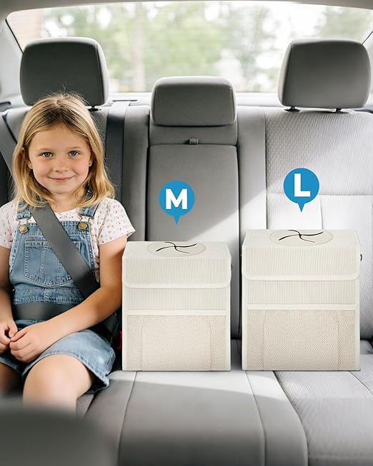 Corduroy Car Trash Can with Lid and Mesh Pockets - Leakproof Organizer,Multipurpose Waterproof Garbage Can/Trash Bin for Car(Off-White-2 Gallons)