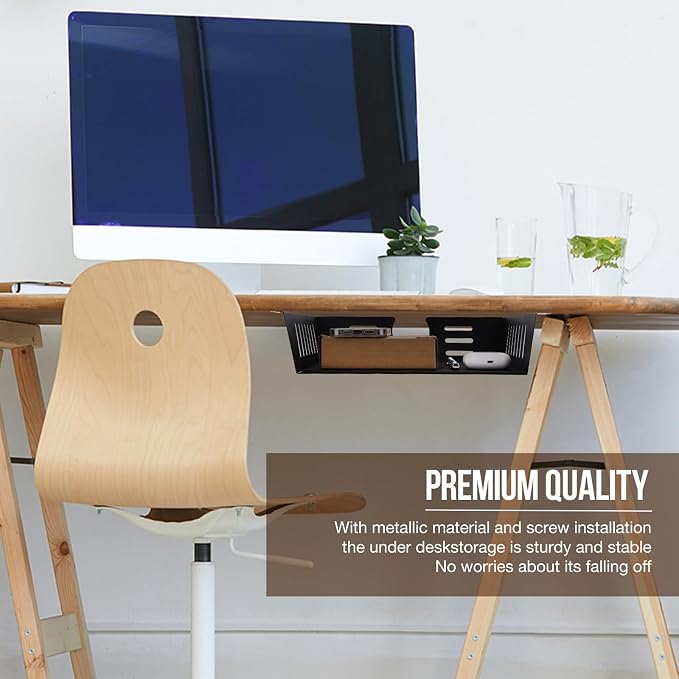 2 Pack Under Desk Shelf - Under Desk Storage Shelf Metals,Under Desk Organizer - Black Under Shelf Storage for Office Tables & Workstations(11 Inch)