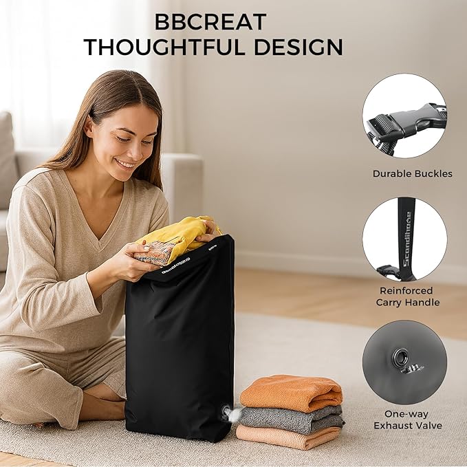 Travel Compression Laundry Bag, Pump-Free Vacuum Space Saver Bag for Dirty Clothes, Reusable Waterproof Wet Dry Bag, Travel Laundry Bag for Luggage, Packing, Suitcase (1 Pcs)(Black, L)