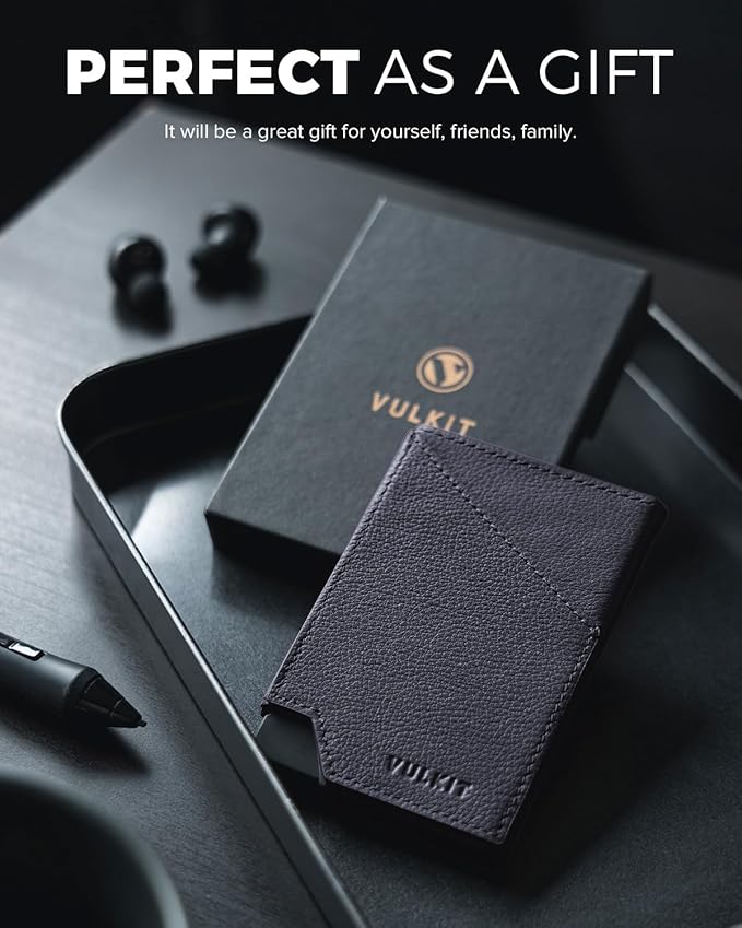VULKIT Pop up Card Wallet Genuine Leather RFID Blocking Slim Aluminum Metal Bank Card Holder Case with Business Money Pocket for Credit Cards Notes and Coins Blue