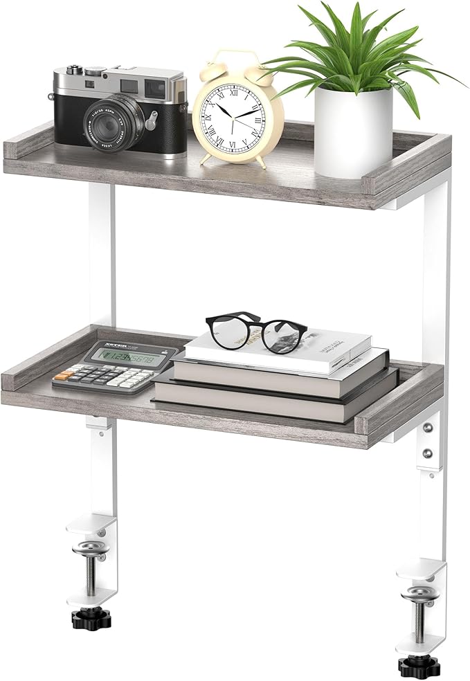 Clamp On Desk Shelf 2-Tier, Wood Shelving Unit for Office Desk/Gaming Accessories, Tabletop Book Storage Rack, Shelf for Top of Desk, Grey