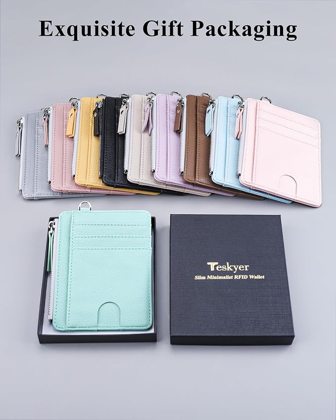 Teskyer Slim Card Holder Wallet with Zip Pocket, RFID Blocking, Total 9 Compartments Large Capacity, 3.5" x 4.7" (Slight Larger Than Usual), Faux Leather - Light Green