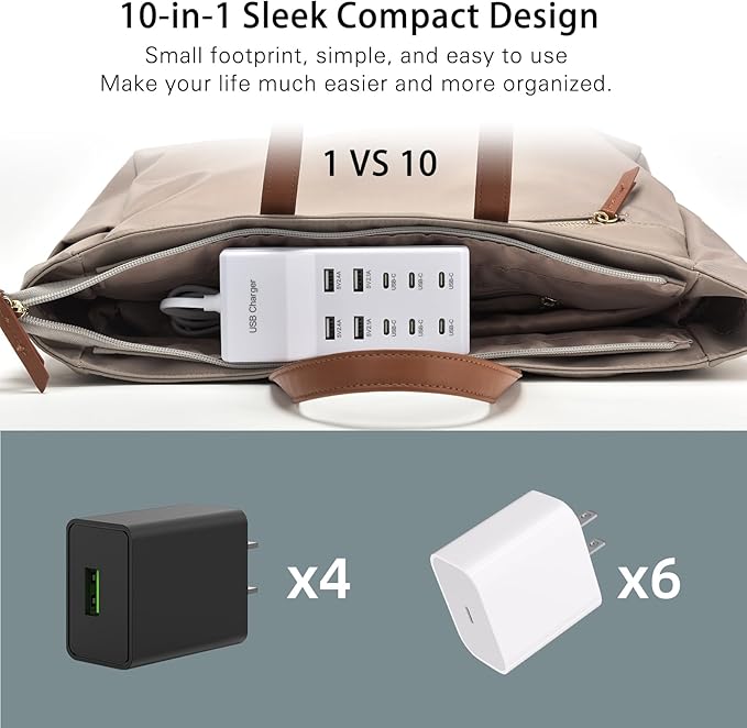 USB Fast Charger, 10-Port Portable Charging Station, Suitable for Various Devices, Compatible with iPhone, iPad, Samsung, Google, Xiaomi, Huawei and Other USB Charging Devices
