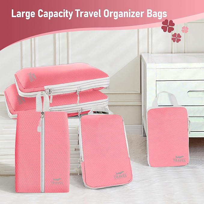 5 Set Packing Cubes For Travel Essentials, Luggage Packing Organization Cubes Suitcase Organizer Bags Set For Luggage Travel Packing Cubes For Suitcases Durable (5 Pcs, Pink)