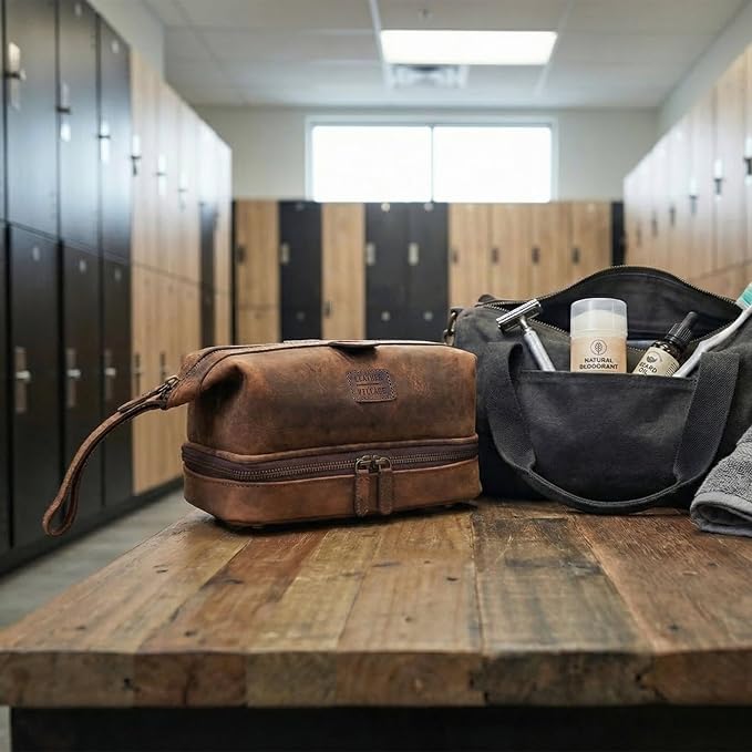 LEATHER VILLAGE Genuine Leather Dopp Kit – Large Travel Toiletry Bag with Waterproof Lining, Dual-Zip Design for Men & Women, Organizer for Shaving, Makeup & Essentials - Rustic Brown