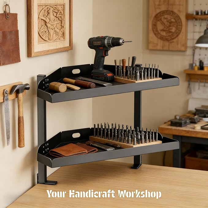 CanKing Clamp Desk Corner Shelf 2 Layer Clip On or Under Table Corner Organizer, Black, 16 inch
