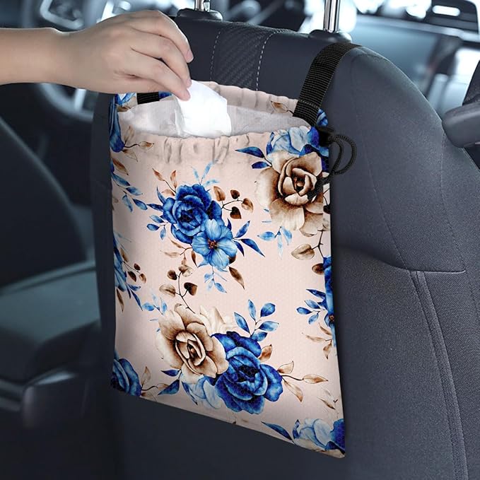 Car Trash Bag Hanging Back of Seat Waterproof Small Cute Printed One-Handed Strap Drawstring Garbage Bags for Car-Blue Rose